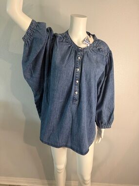 Habitual Washed Denim Peasant Blouse - Blue